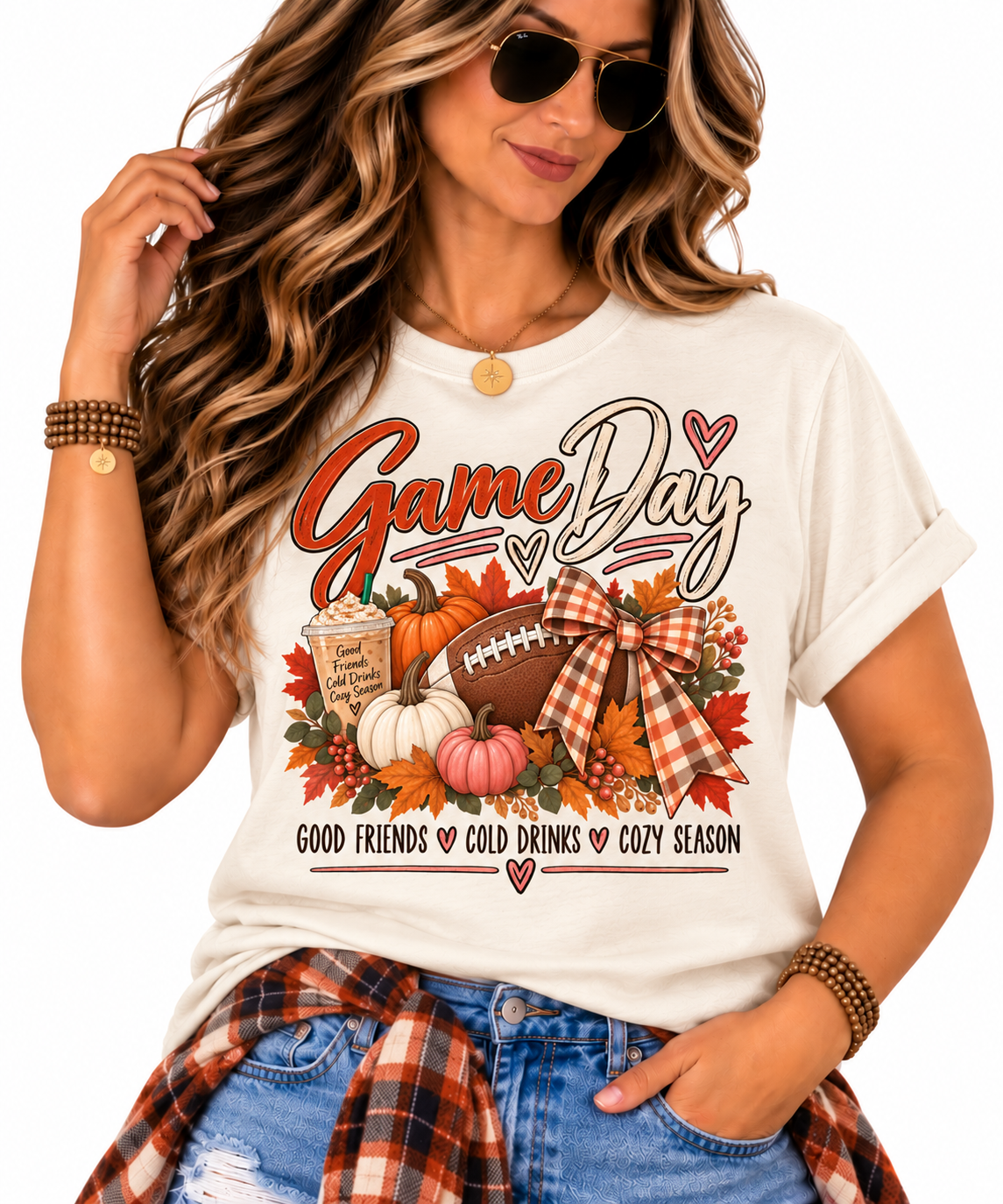 Game Day Fall Football Pumpkin T-Shirt | plaid bow, autumn tailgate