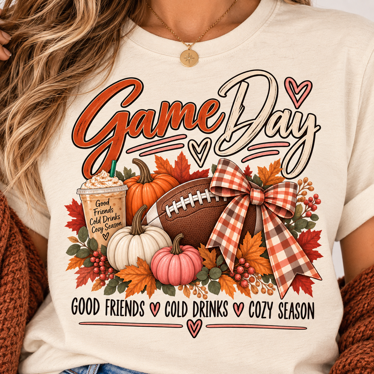 Game Day Fall Football Pumpkin T-Shirt | plaid bow, autumn tailgate