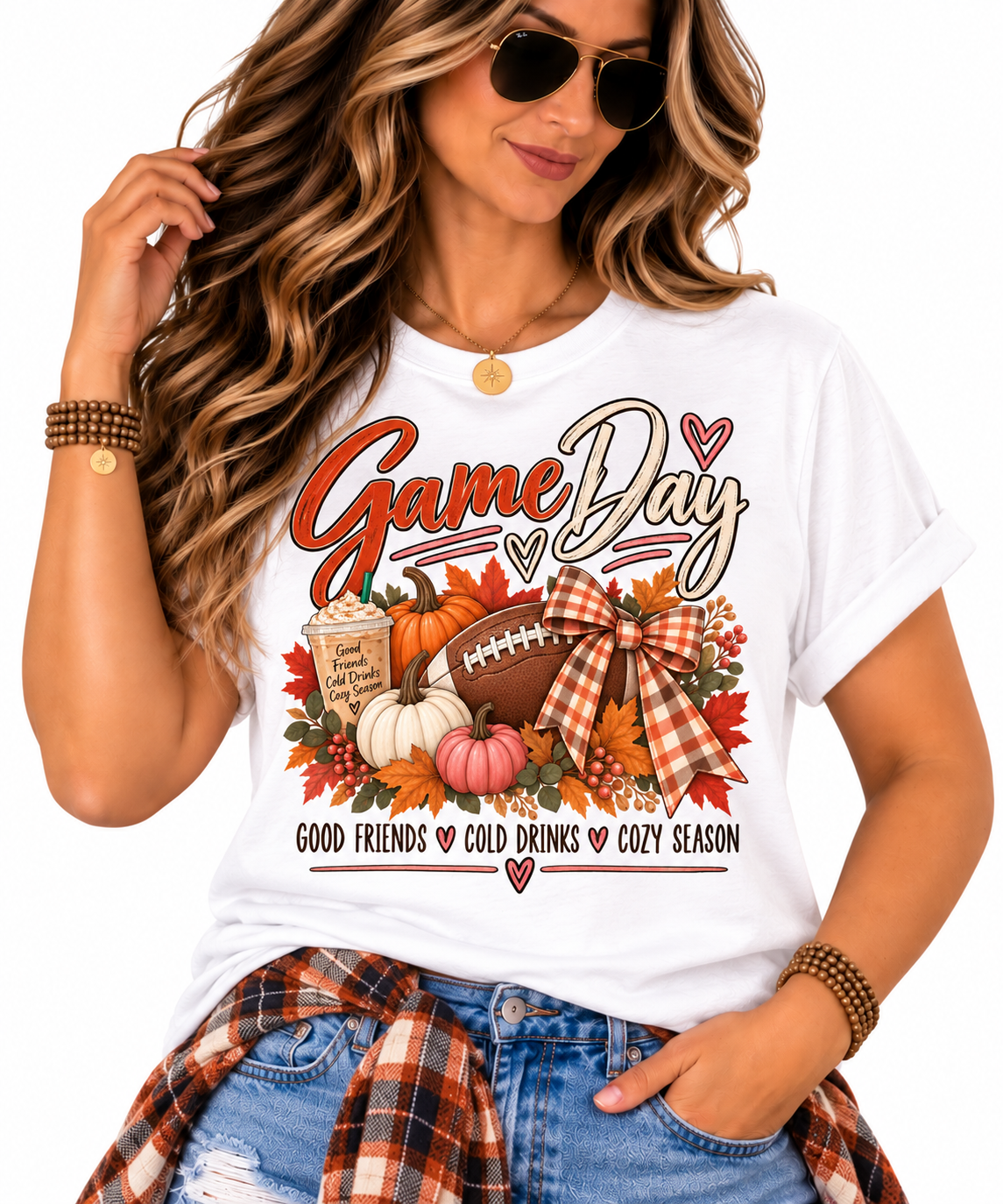 Game Day Fall Football Pumpkin T-Shirt | plaid bow, autumn tailgate