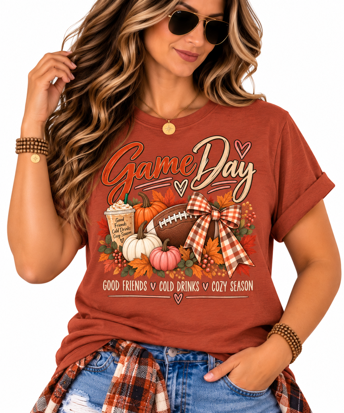 Game Day Fall Football Pumpkin T-Shirt | plaid bow, autumn tailgate