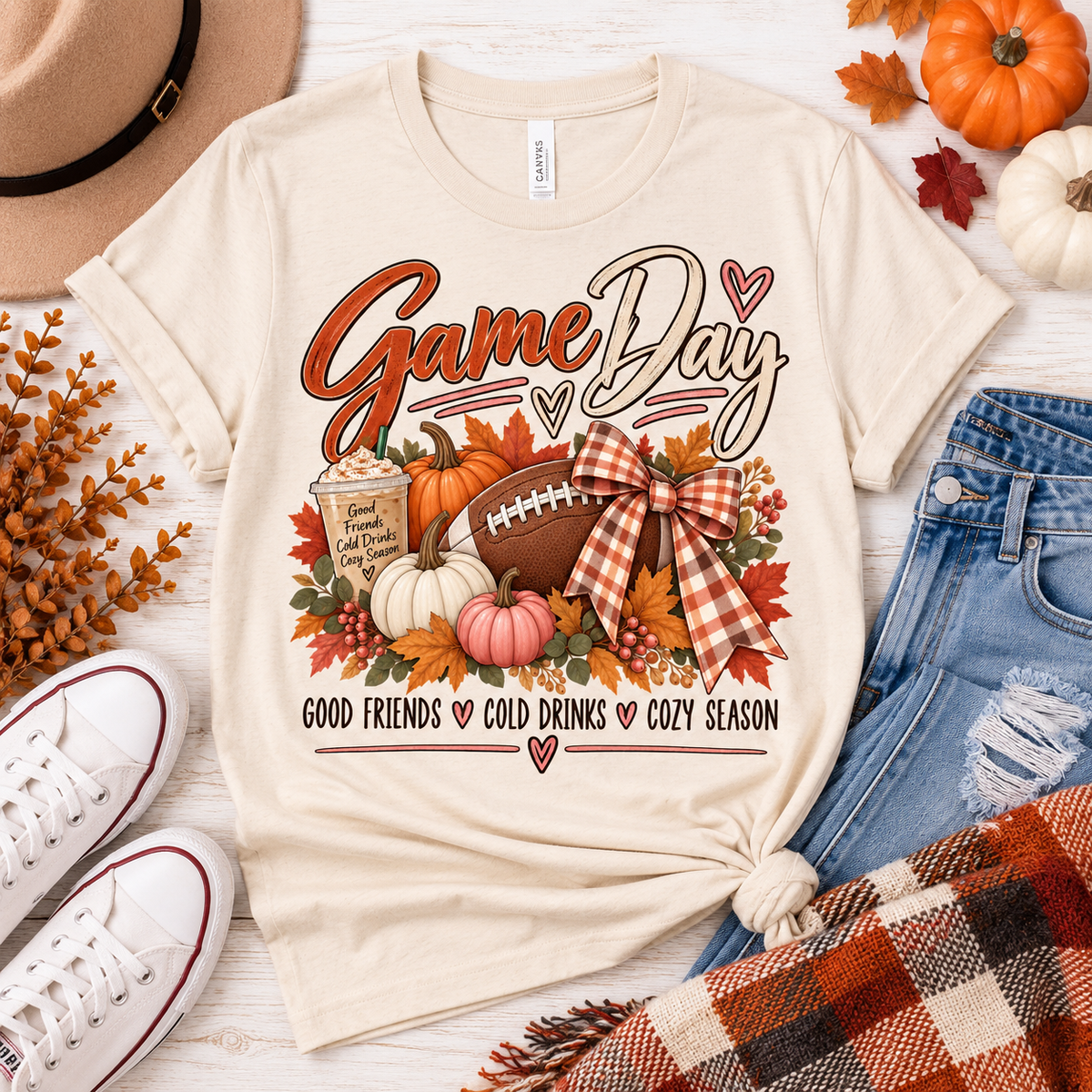Game Day Fall Football Pumpkin T-Shirt | plaid bow, autumn tailgate