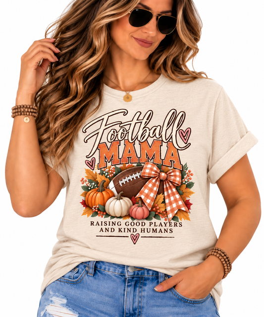 Football Mama tee | Fall pumpkins, football, plaid bow, Raising Good Players design