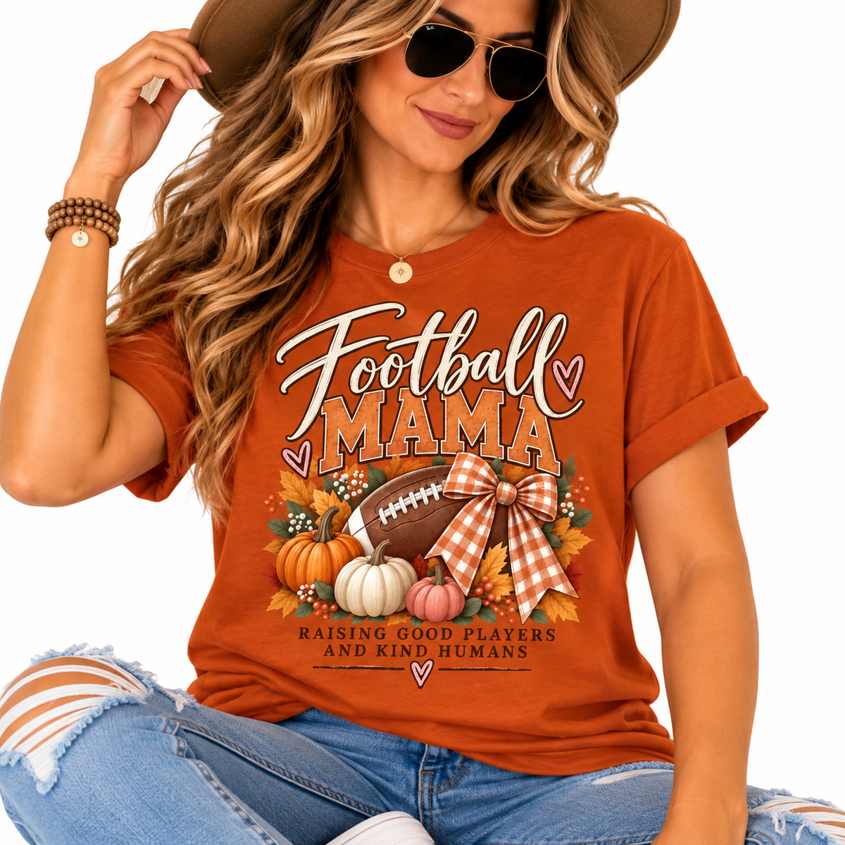 Football Mama tee | Fall pumpkins, football, plaid bow, Raising Good Players design