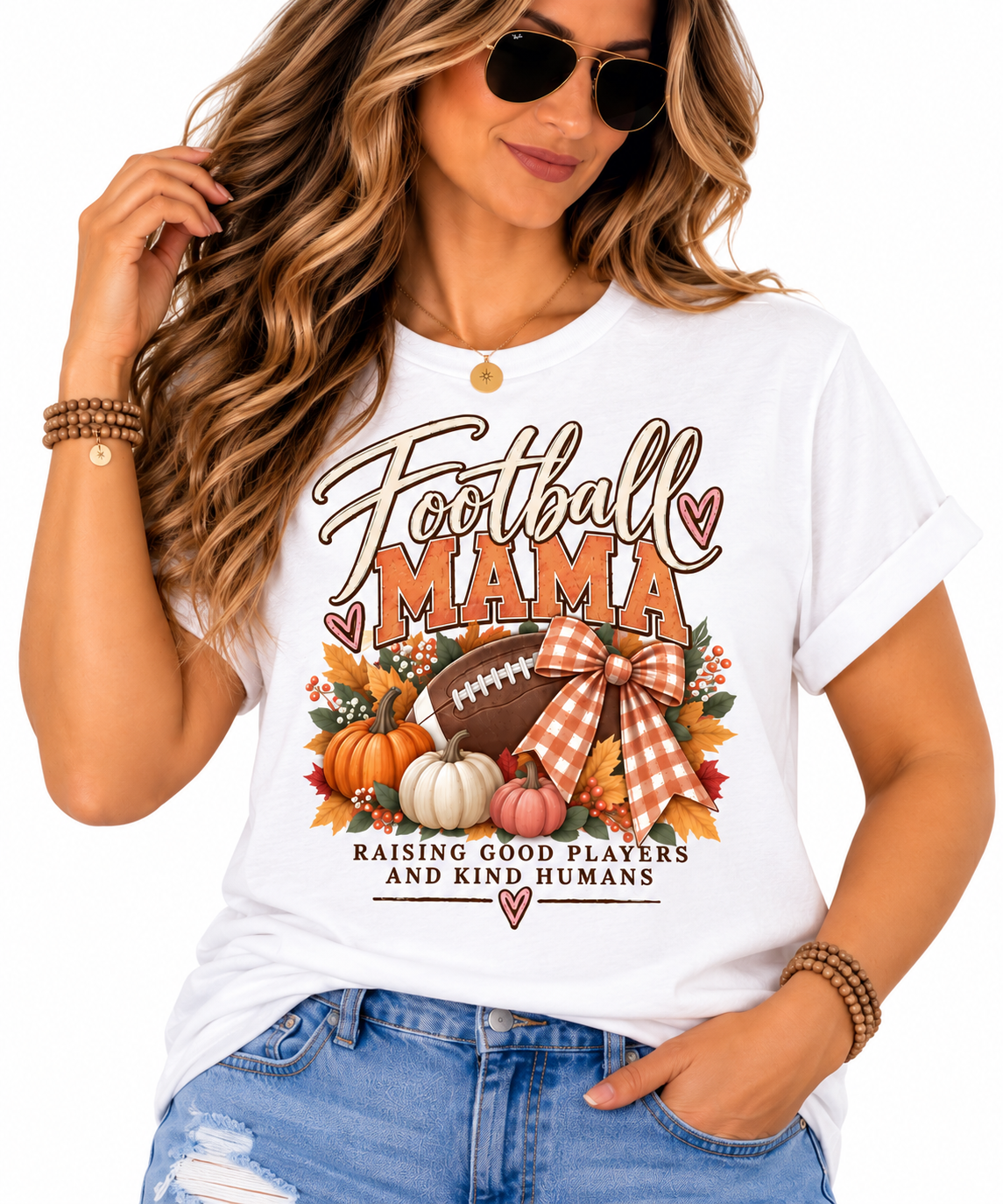 Football Mama tee | Fall pumpkins, football, plaid bow, Raising Good Players design