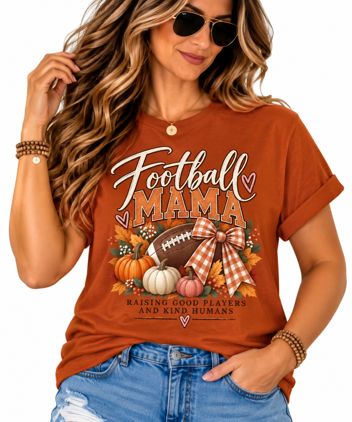 Football Mama tee | Fall pumpkins, football, plaid bow, Raising Good Players design