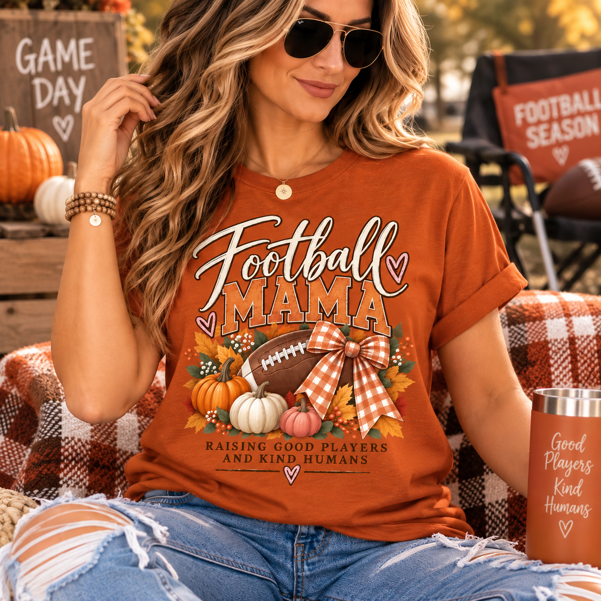 Football Mama tee | Fall pumpkins, football, plaid bow, Raising Good Players design