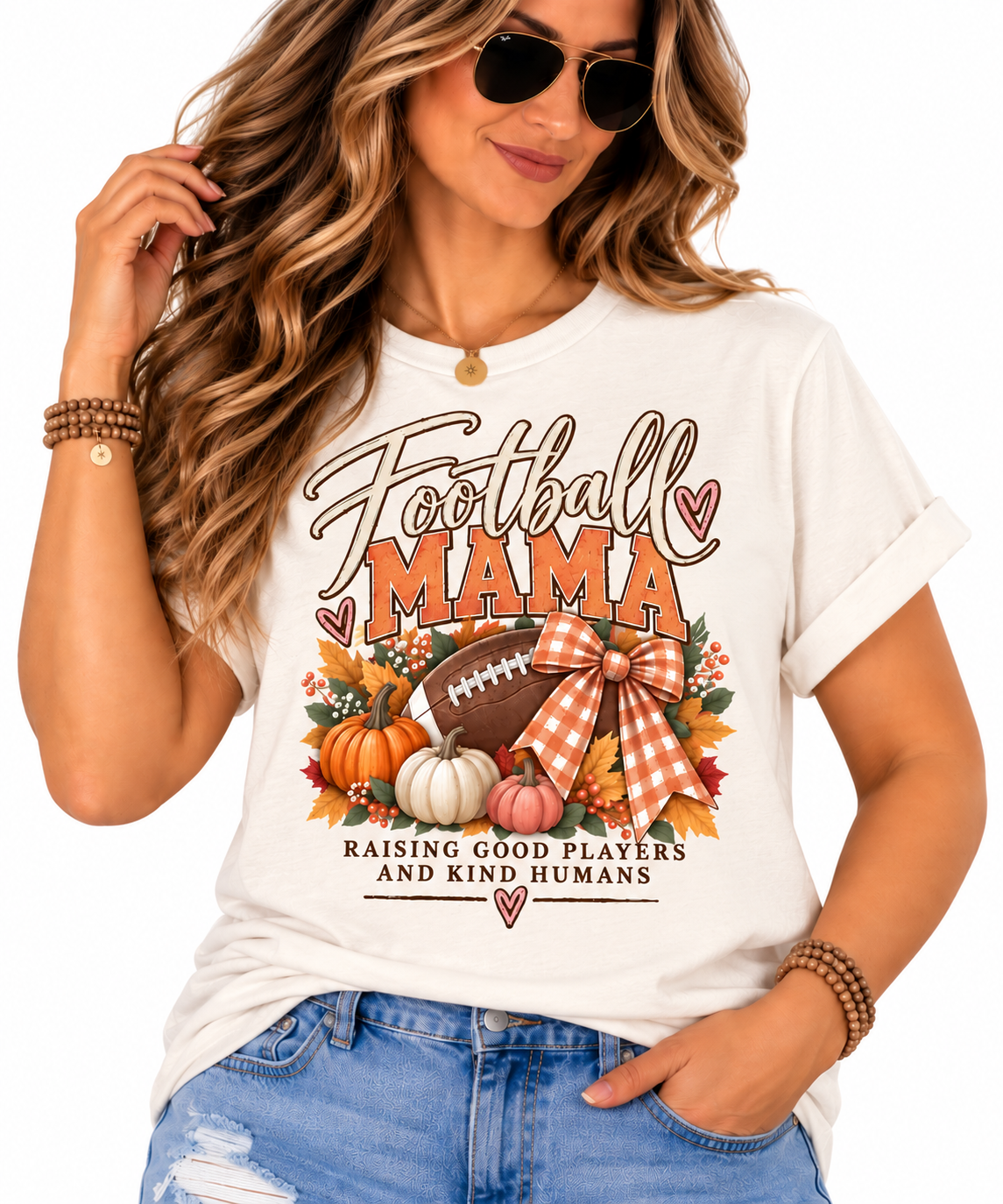 Football Mama tee | Fall pumpkins, football, plaid bow, Raising Good Players design