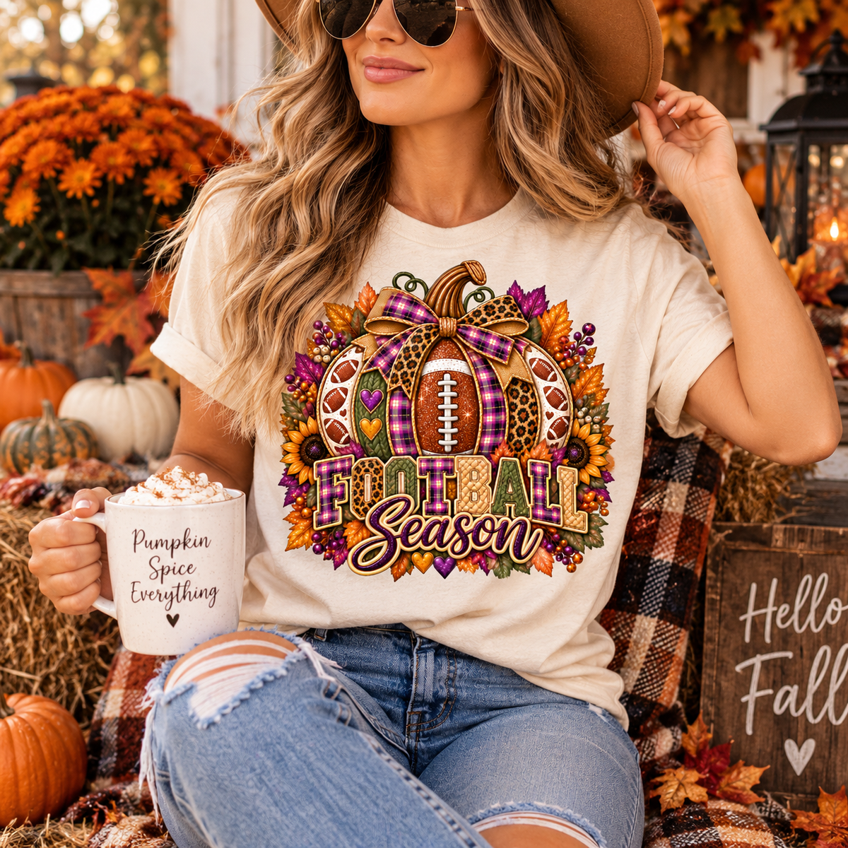 Football Season Pumpkin Tee | Fall Sunflowers, Leaf Wreath
