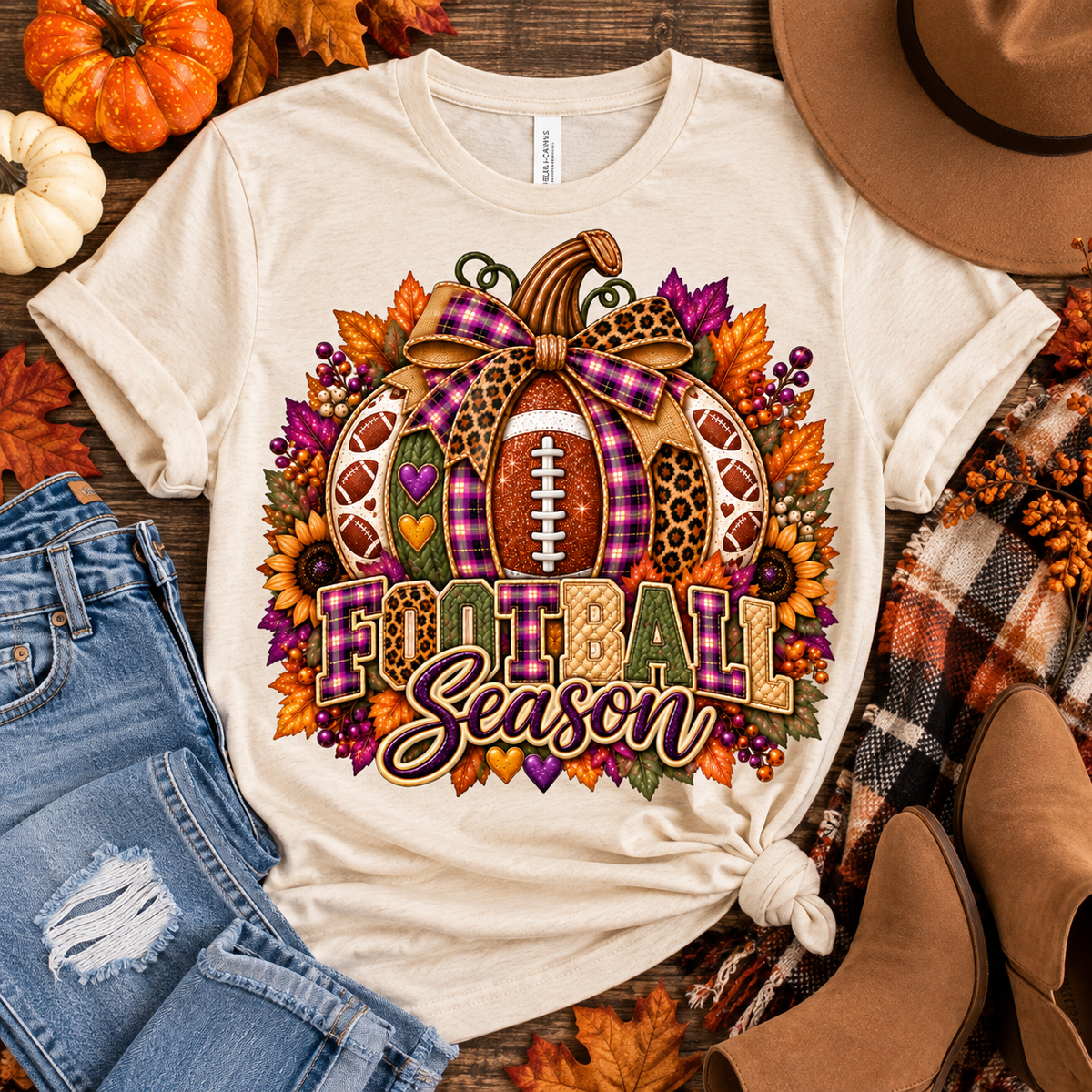 Football Season Pumpkin Tee | Fall Sunflowers, Leaf Wreath