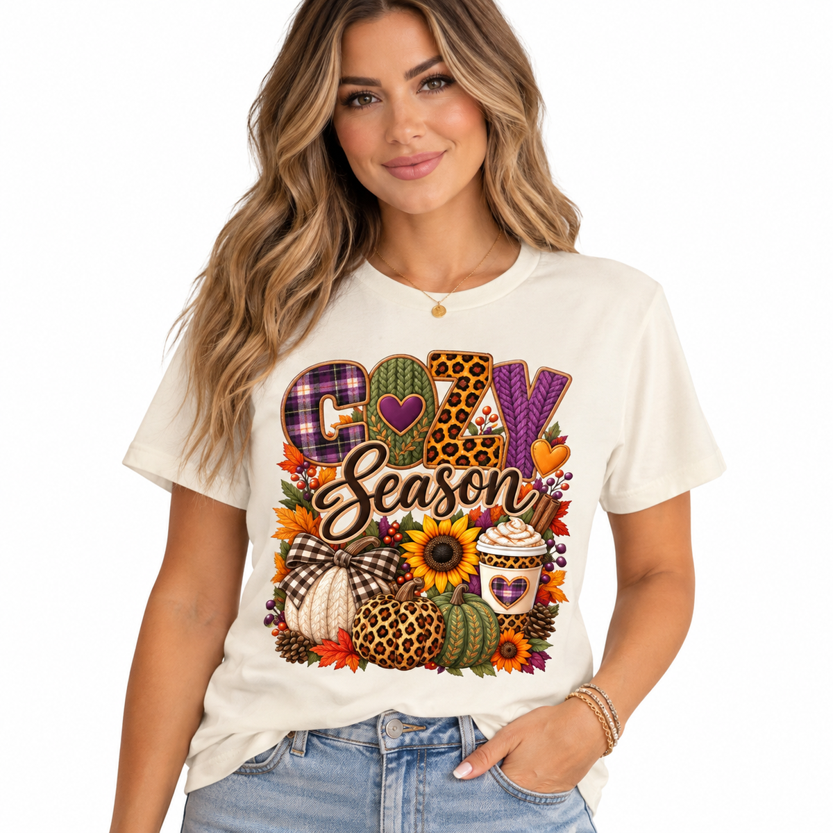 Cozy Season Fall Shirt for Women|Pumpkin & Coffee Graphic Tee|Autumn Plaid Leopard Sunflower T-Shirt|Cute Fall Thanksgiving T