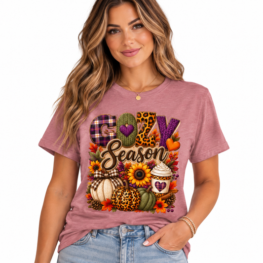 Cozy Season Fall Shirt for Women|Pumpkin & Coffee Graphic Tee|Autumn Plaid Leopard Sunflower T-Shirt|Cute Fall Thanksgiving T
