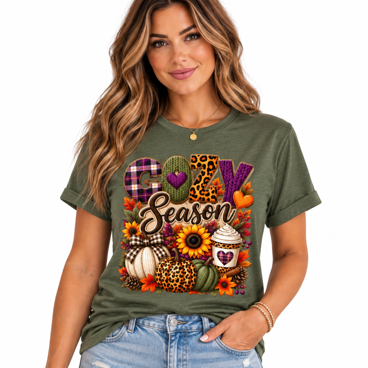 Cozy Season Fall Shirt for Women|Pumpkin & Coffee Graphic Tee|Autumn Plaid Leopard Sunflower T-Shirt|Cute Fall Thanksgiving T