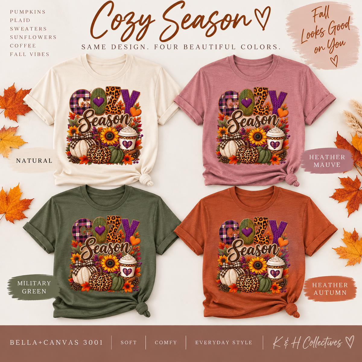 Cozy Season Fall Shirt for Women|Pumpkin & Coffee Graphic Tee|Autumn Plaid Leopard Sunflower T-Shirt|Cute Fall Thanksgiving T