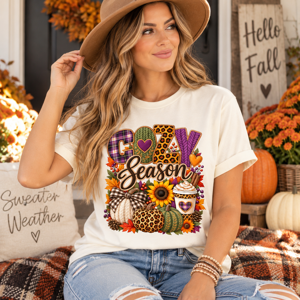 Cozy Season Fall Shirt for Women|Pumpkin & Coffee Graphic Tee|Autumn Plaid Leopard Sunflower T-Shirt|Cute Fall Thanksgiving T