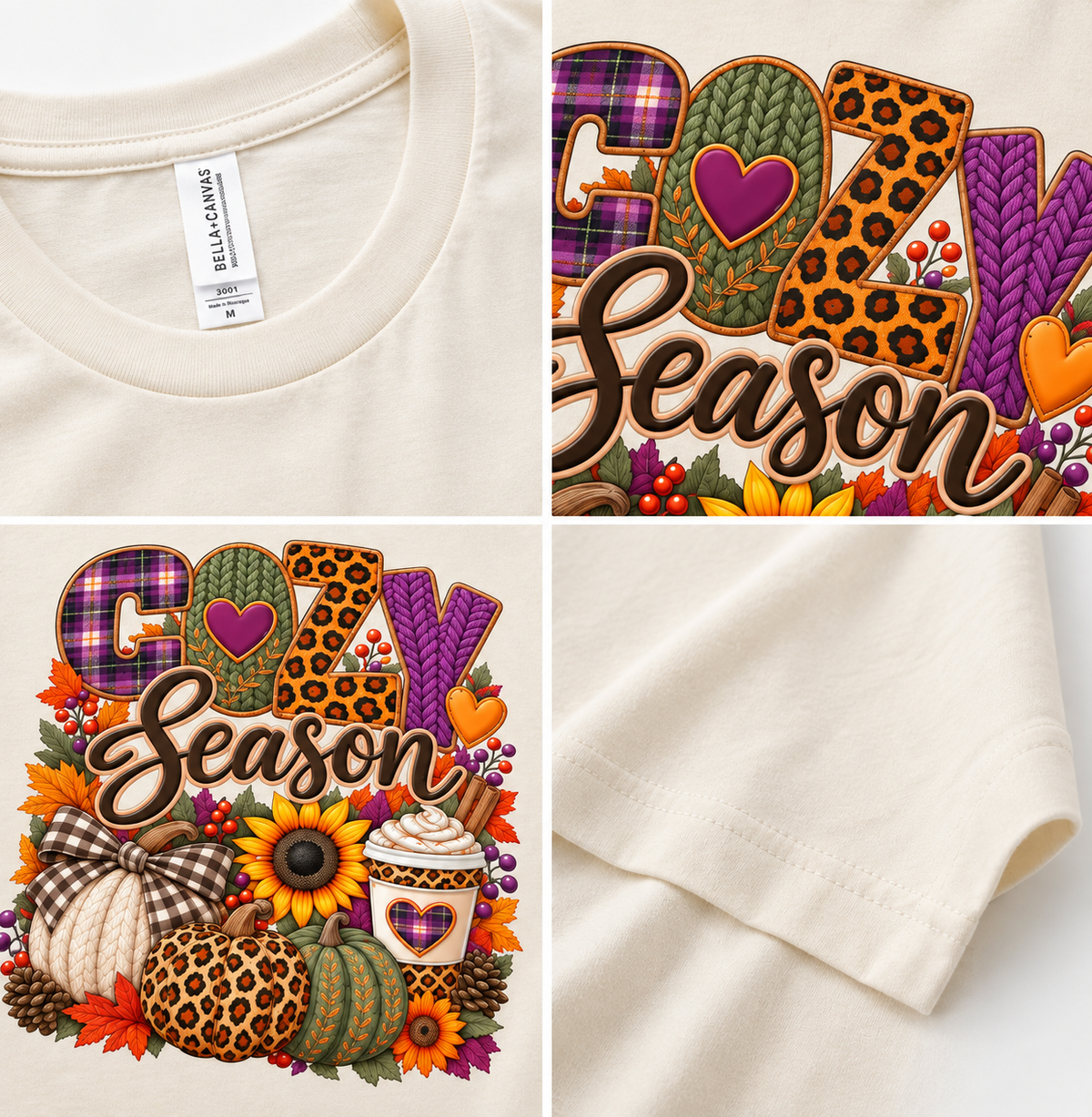 Cozy Season Fall Shirt for Women|Pumpkin & Coffee Graphic Tee|Autumn Plaid Leopard Sunflower T-Shirt|Cute Fall Thanksgiving T