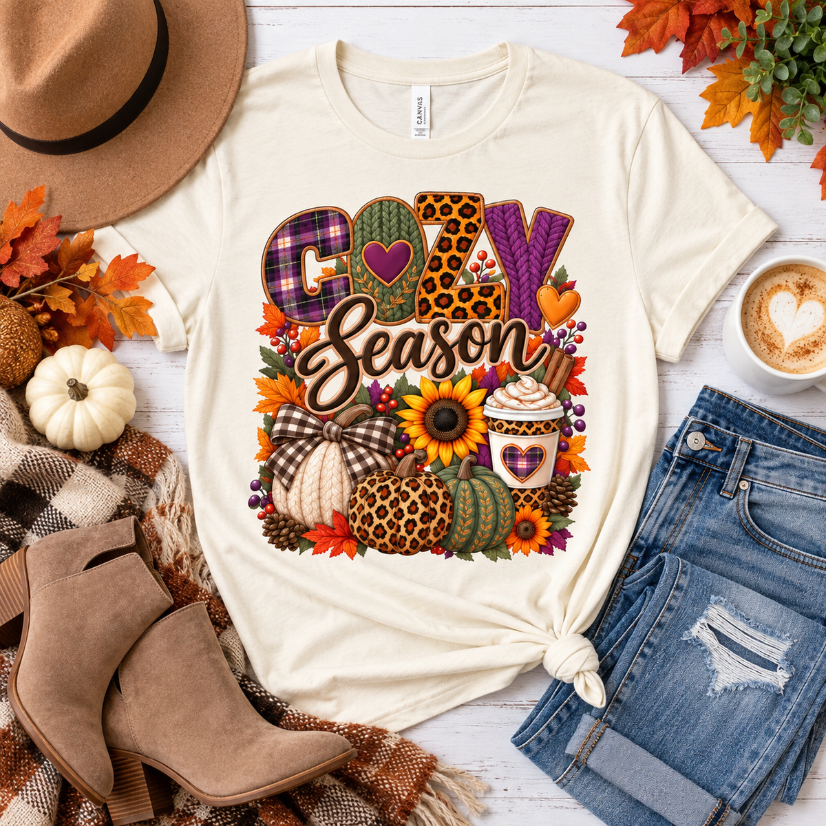 Cozy Season Fall Shirt for Women|Pumpkin & Coffee Graphic Tee|Autumn Plaid Leopard Sunflower T-Shirt|Cute Fall Thanksgiving T
