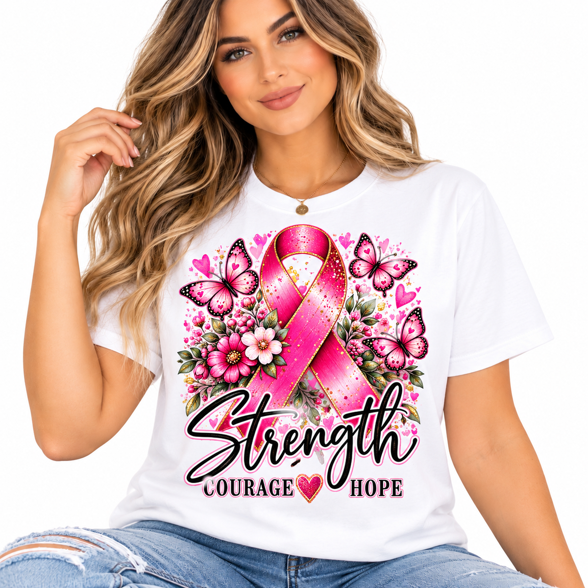 Breast Cancer Awareness Shirt for Women | Strength Courage Hope Pink Ribbon Floral Graphic Tee
