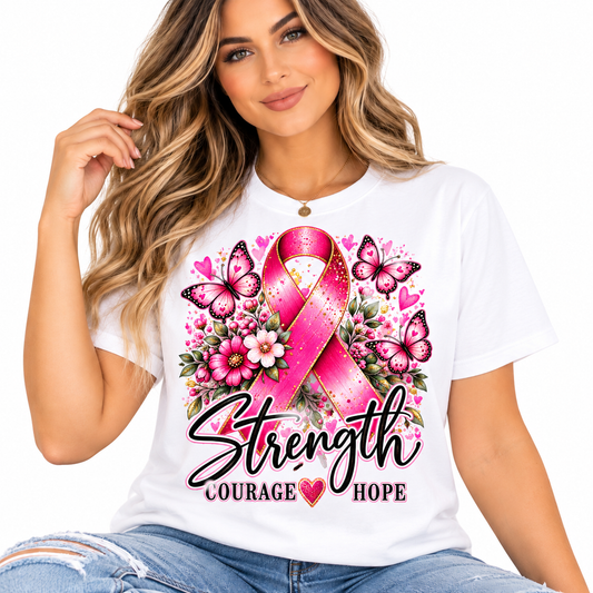 Breast Cancer Awareness Shirt for Women | Strength Courage Hope Pink Ribbon Floral Graphic Tee