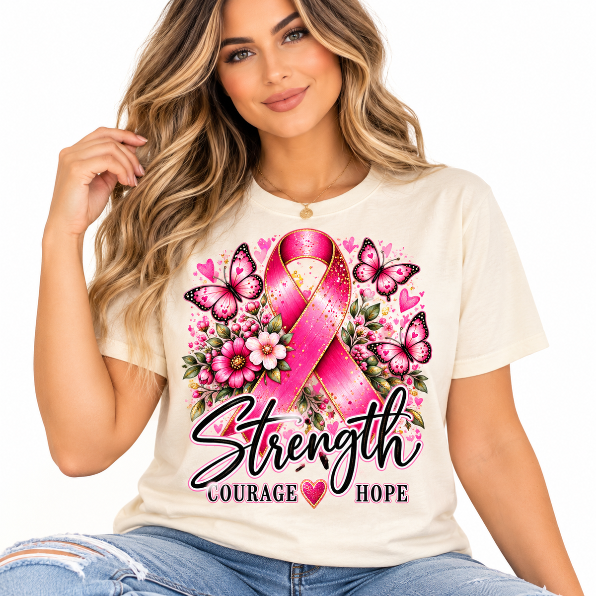 Breast Cancer Awareness Shirt for Women | Strength Courage Hope Pink Ribbon Floral Graphic Tee