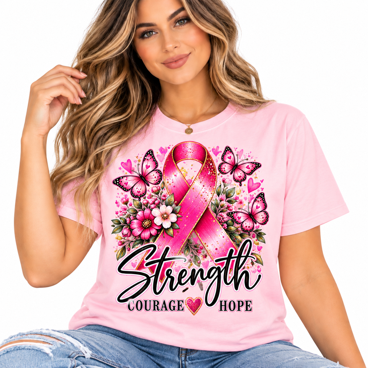 Breast Cancer Awareness Shirt for Women | Strength Courage Hope Pink Ribbon Floral Graphic Tee