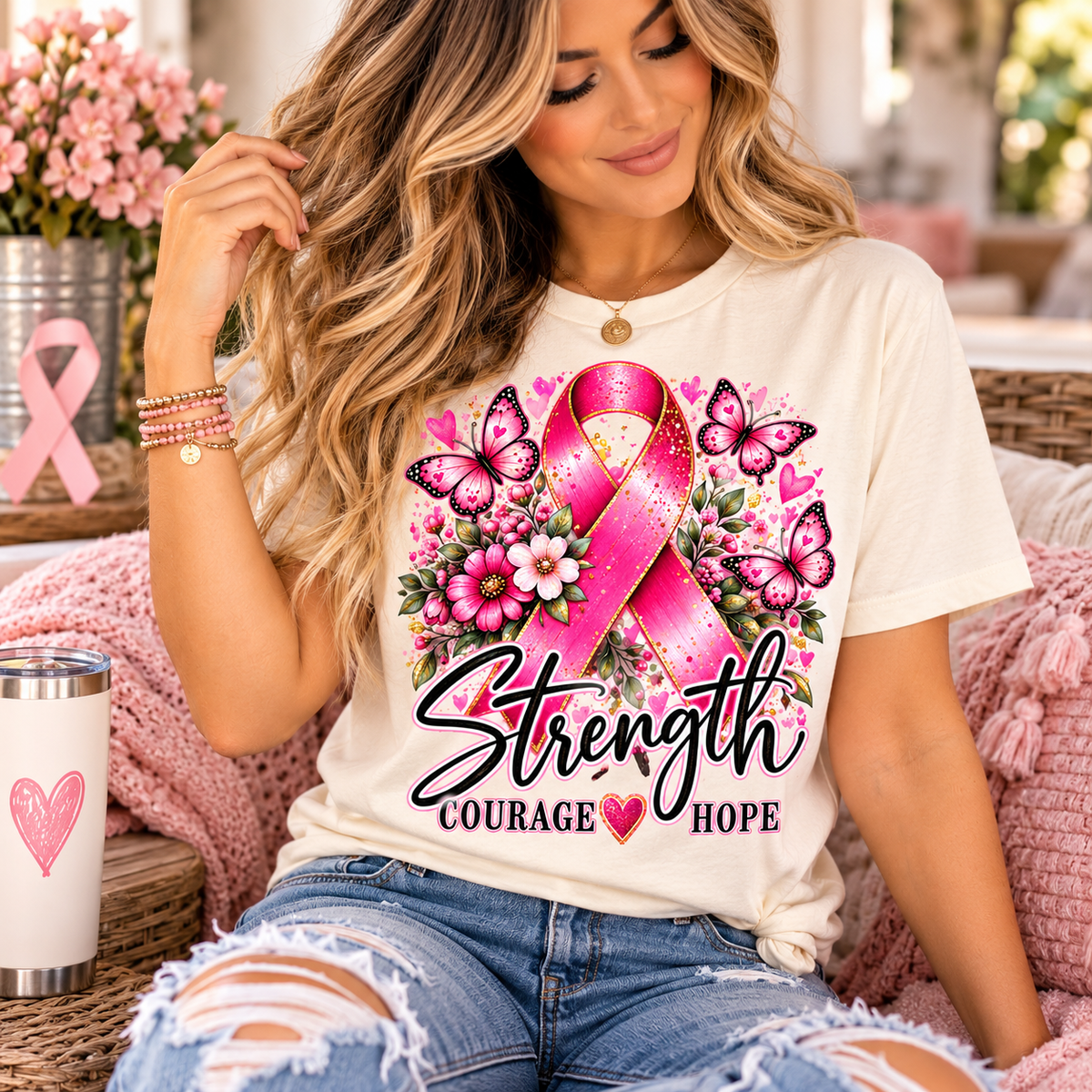 Breast Cancer Awareness Shirt for Women | Strength Courage Hope Pink Ribbon Floral Graphic Tee