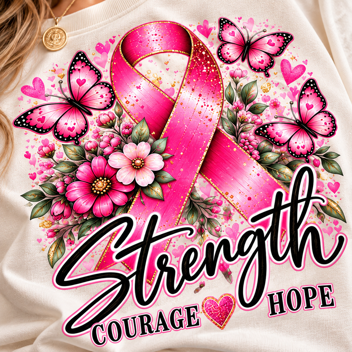 Breast Cancer Awareness Shirt for Women | Strength Courage Hope Pink Ribbon Floral Graphic Tee