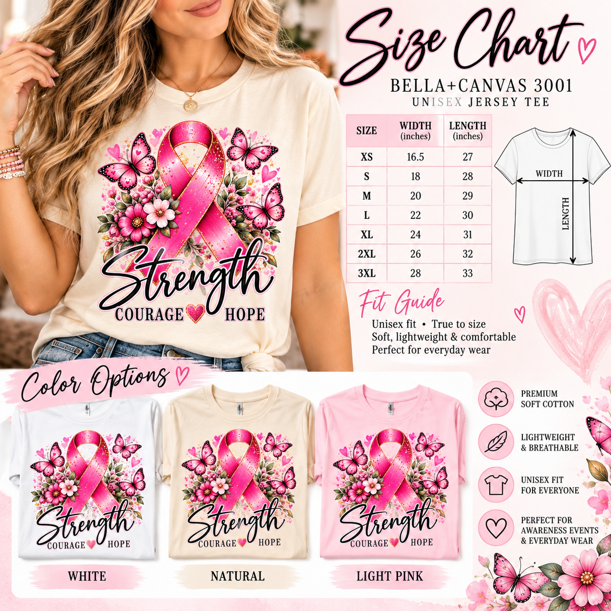 Breast Cancer Awareness Shirt for Women | Strength Courage Hope Pink Ribbon Floral Graphic Tee