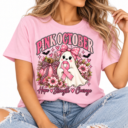 Pink October Ghost with Ribbon T-Shirt | Breast Cancer Awareness Tee