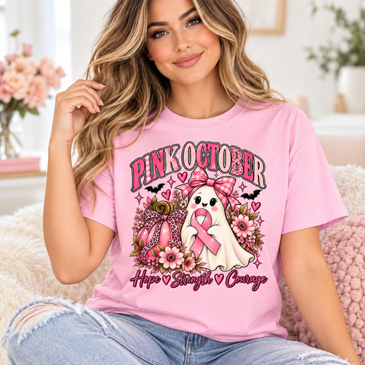 Pink October Ghost with Ribbon T-Shirt | Breast Cancer Awareness Tee