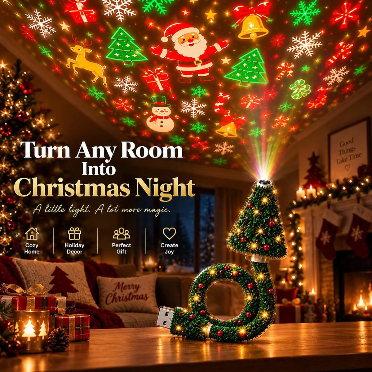 Christmas Projector Light – USB Plug-In Holiday Projector with 6+ Festive Patterns, Christmas Night Light & Holiday Décor