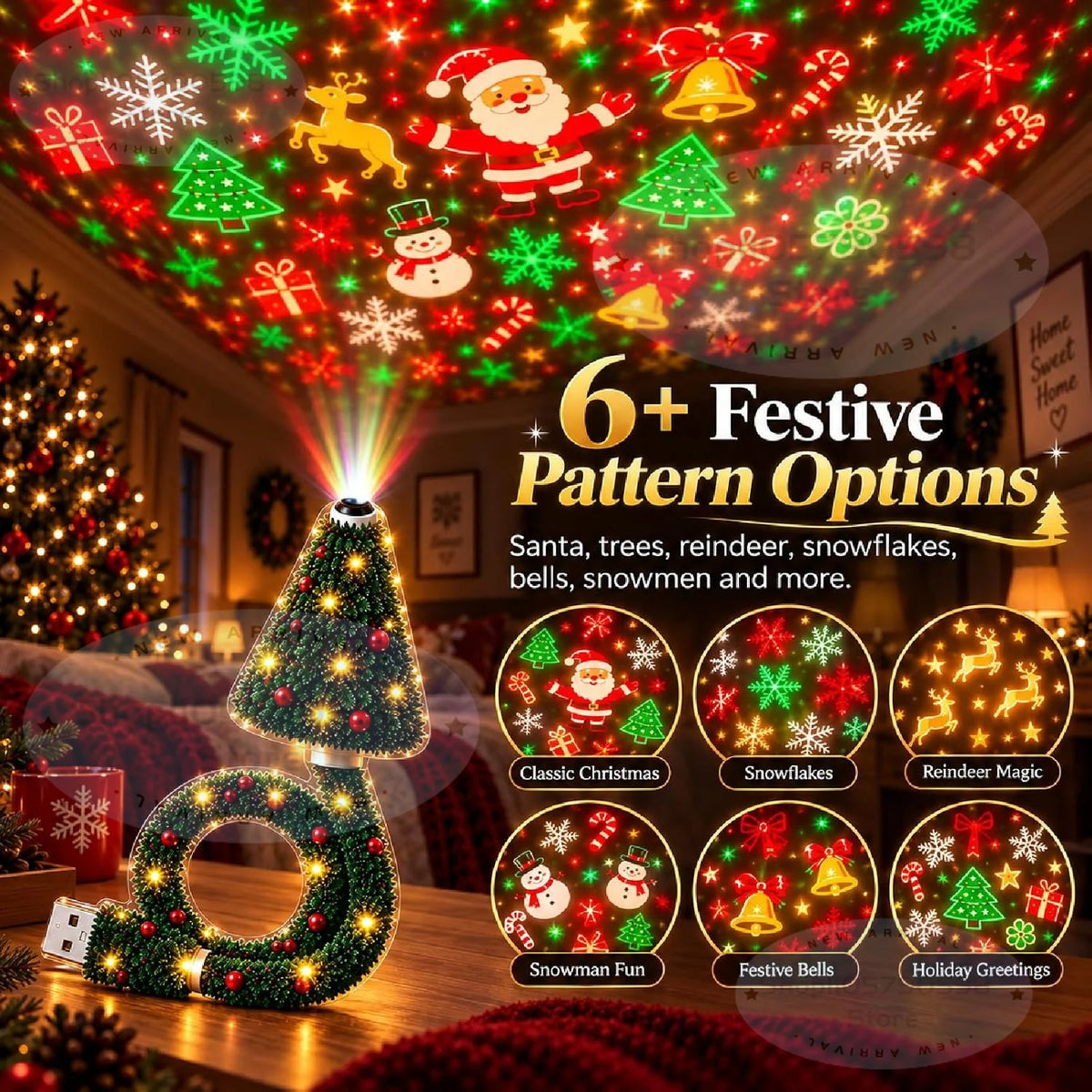Christmas Projector Light – USB Plug-In Holiday Projector with 6+ Festive Patterns, Christmas Night Light & Holiday Décor