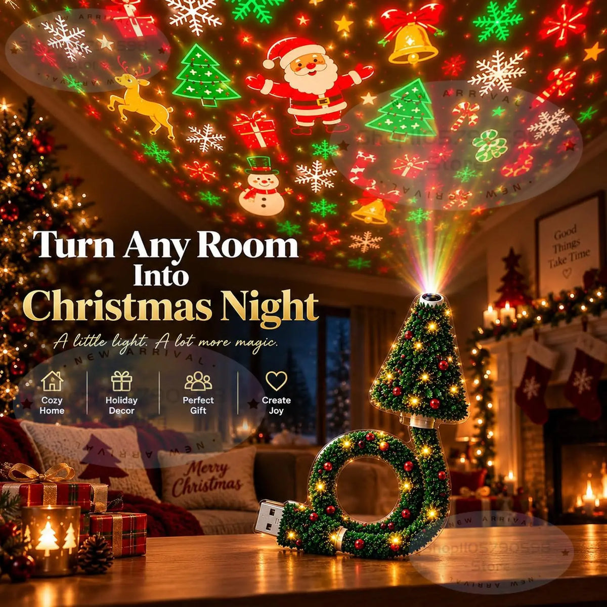 Christmas Projector Light – USB Plug-In Holiday Projector with 6+ Festive Patterns, Christmas Night Light & Holiday Décor